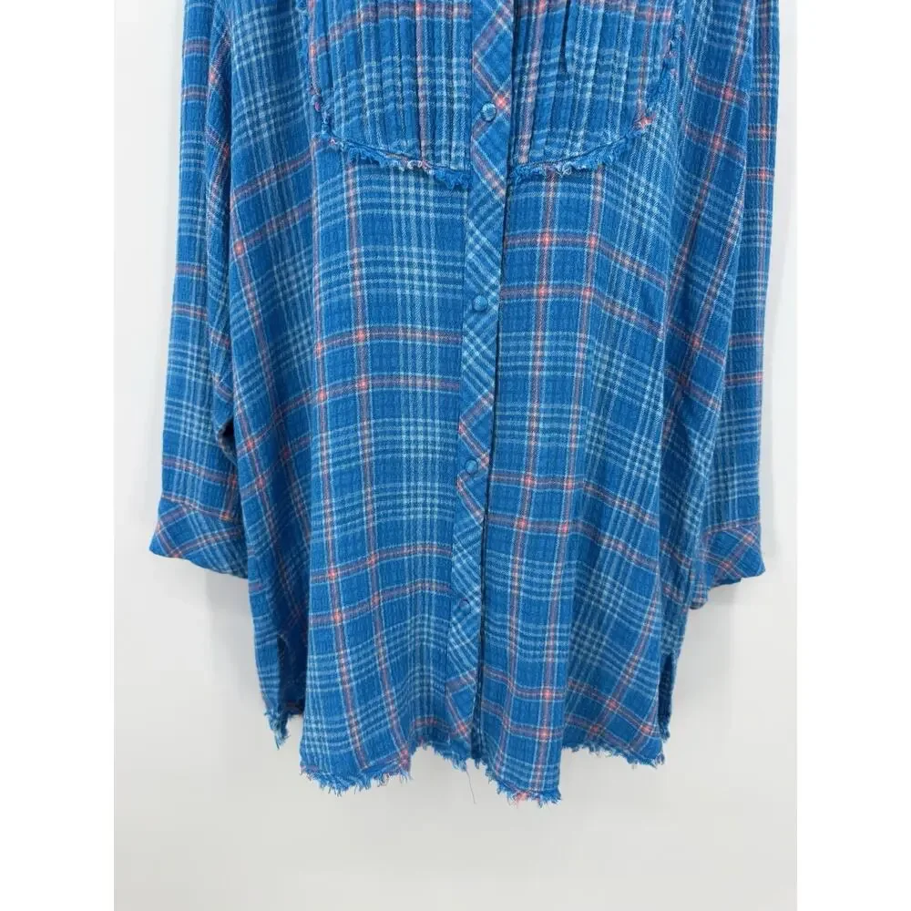 Free People Intimately Blue Plaid Long Sleeve PJ Top/Night Shirt Dress Large - Picture 3 of 12